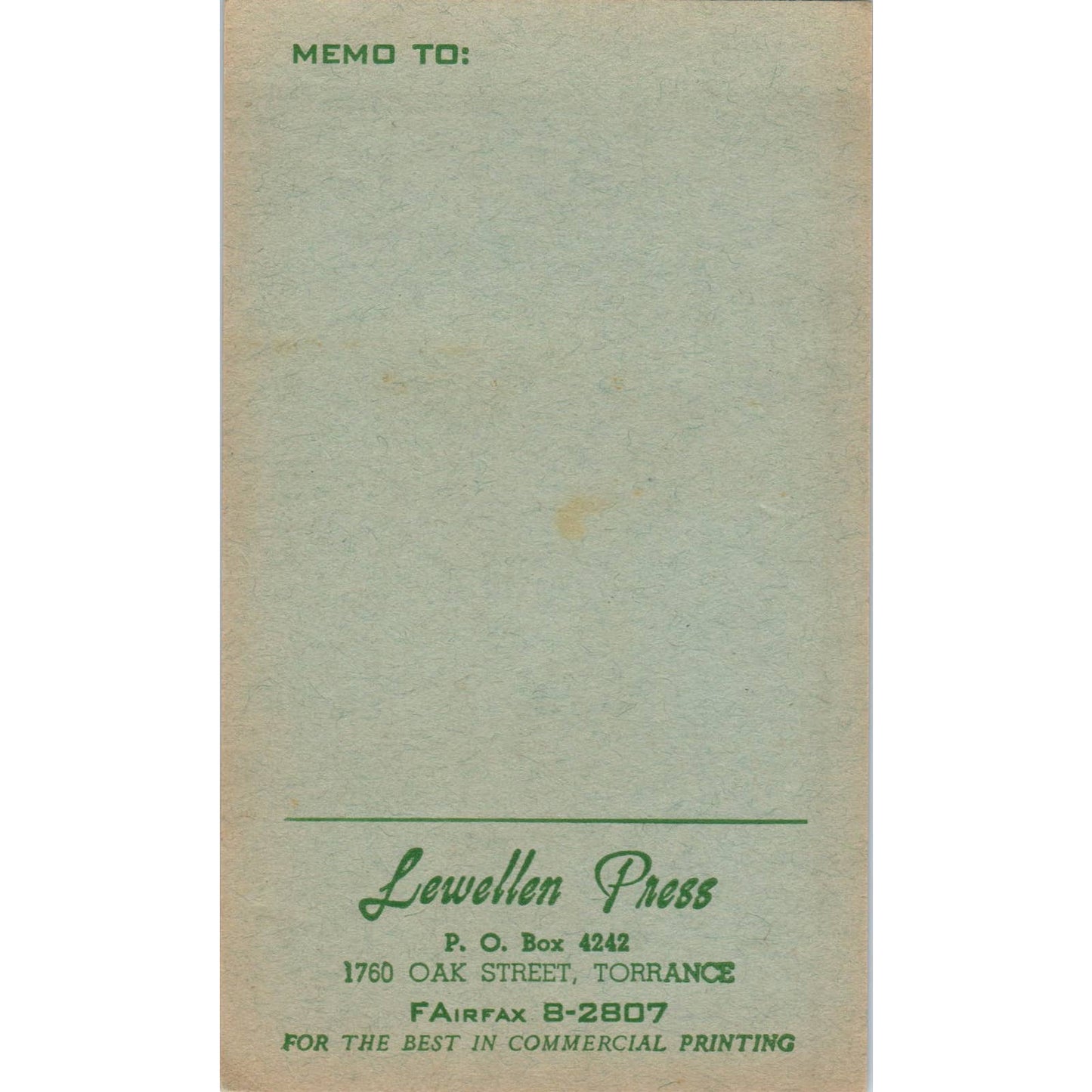 Vintage Stationary Memo Card Lewellen Press Torrance CA Printing SF3