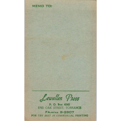 Vintage Stationary Memo Card Lewellen Press Torrance CA Printing SF3
