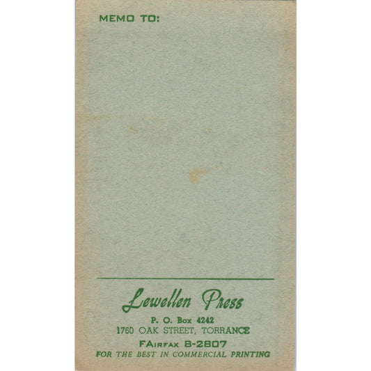 Vintage Stationary Memo Card Lewellen Press Torrance CA Printing TH2-SF1