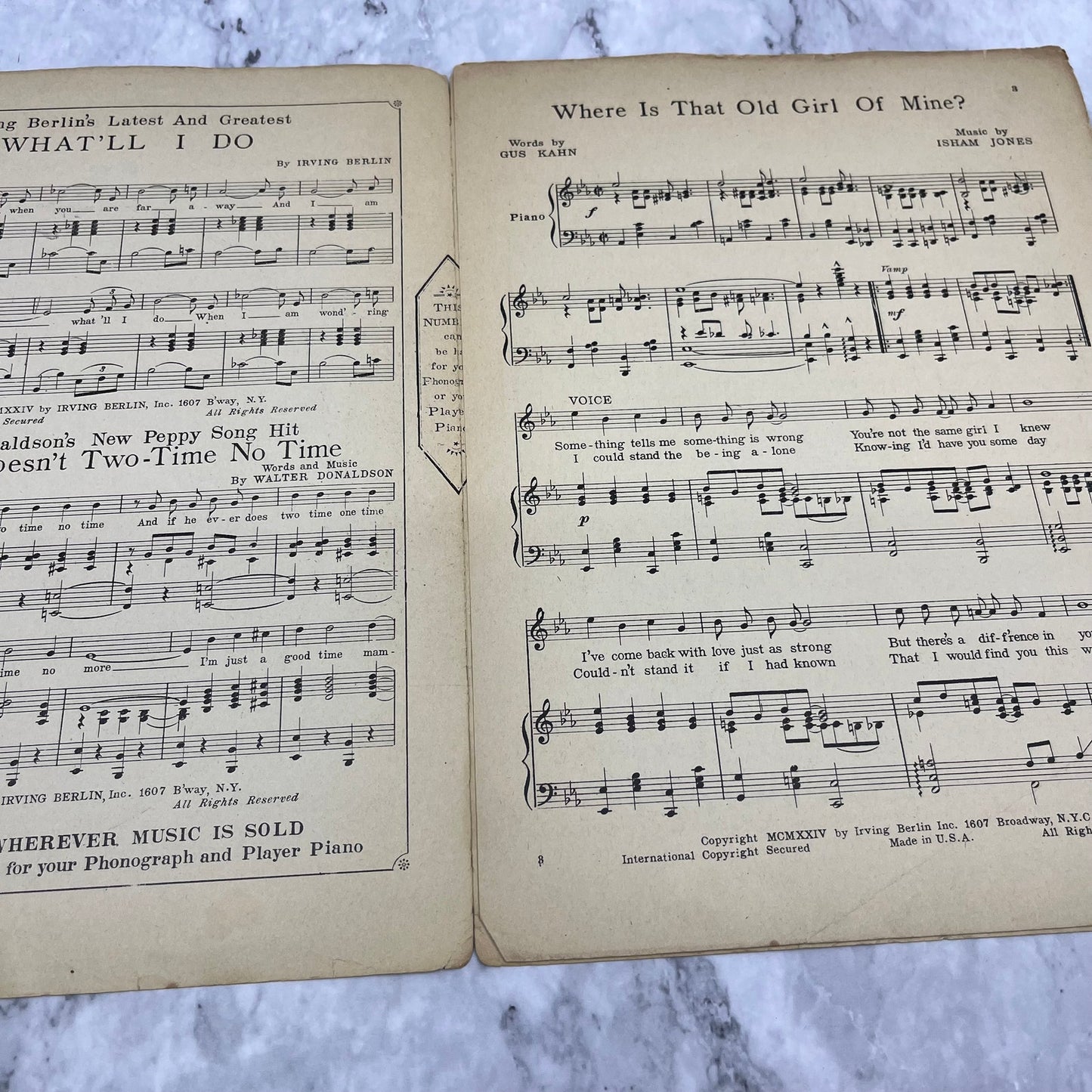 Where Is That Old Girl of Mine 1924 sheet music Irving Berlin Gus Kahn￼ V41-3