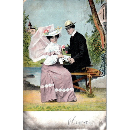 Romance Victorian Couple Courting Lady w Parasol 1906 Original Postcard P2-1-4