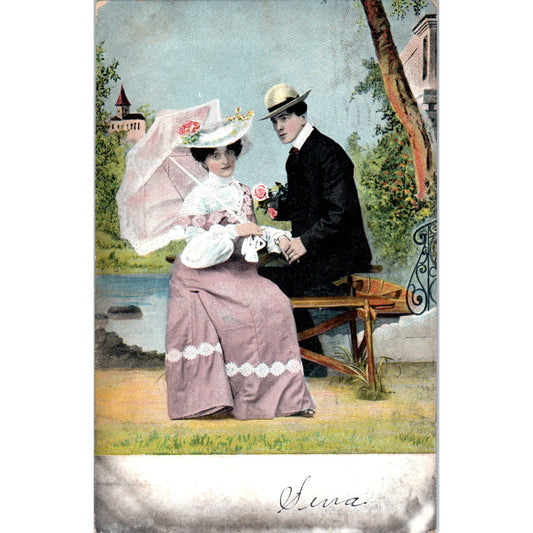 Romance Victorian Couple Courting Lady w Parasol 1906 Original Postcard P2-1-4