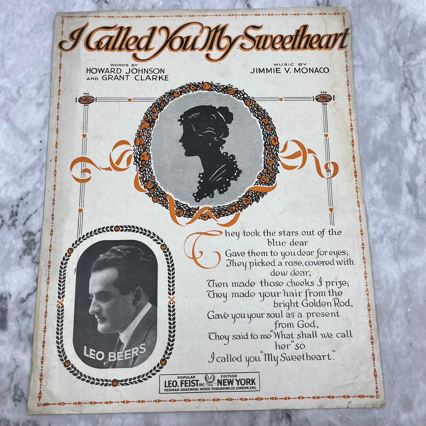 1917 Sheet Music: I Called You My Sweetheart - Jimmie V. Monaco Leo Beers V39-4