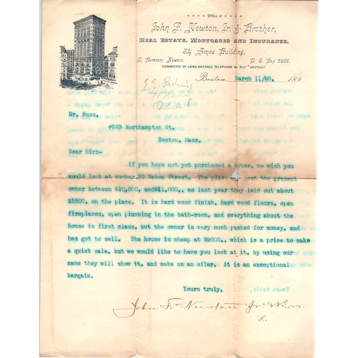 1893 Letterhead John F. Newton & Brother Real Estate Boston MA AD4