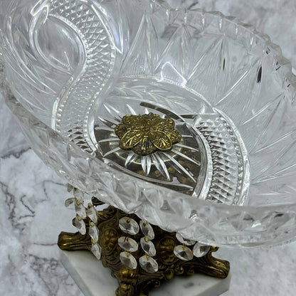 Vtg MCM Hollywood Regency Cut Lead Crystal Oblong Bowl Brass & Marble Stand TE3