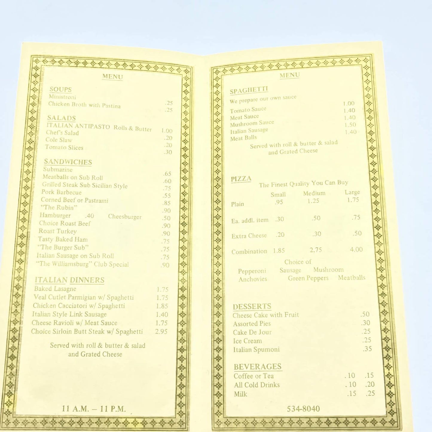 1960s Portala Via Italian Restaurant Menu Arlington VA AB8