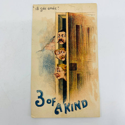 1880s Victorian Greeting Card Illustrated “Three of a Kind / Is She Gone?” AA2