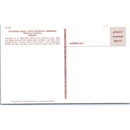 Stevenson House State Historic Monument Nursery Monterey Original Postcard PB9