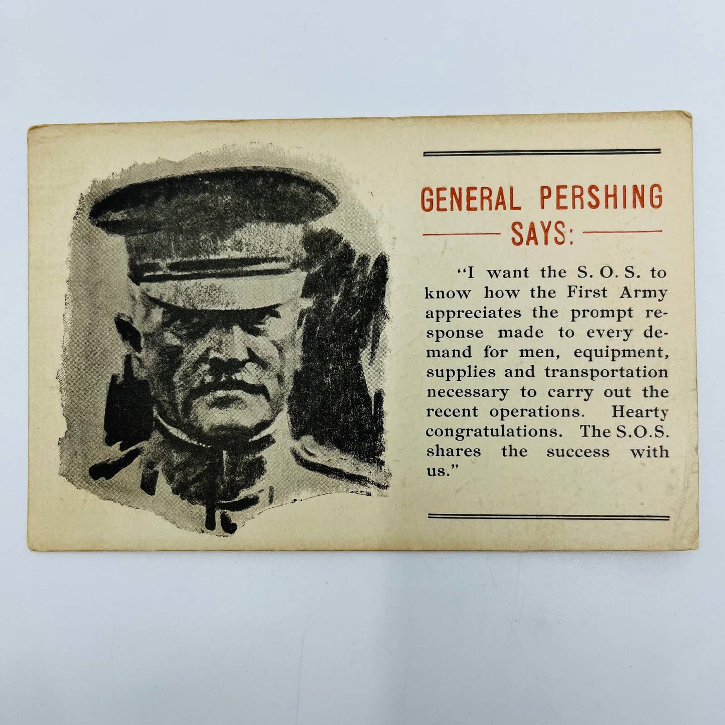 c1918 Postcard WWI US Army General Pershing Says S.O.S. Commendation PA9