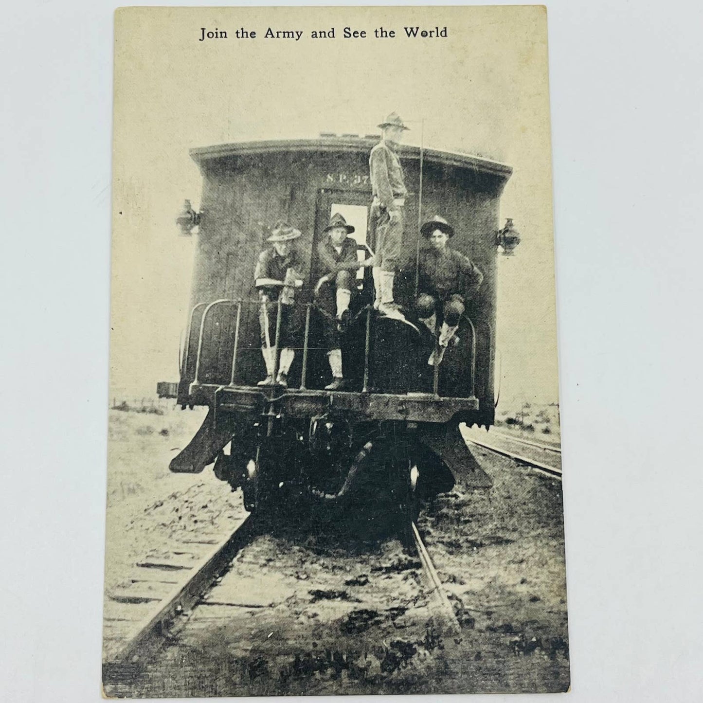 c1918 Postcard WWI RPPC Join the Army Soldiers on Train Caboose PA9