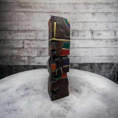 Hand Carved Hand Painted Wooden Aztec Mayan Totem Pole Sculpture 14” TI7