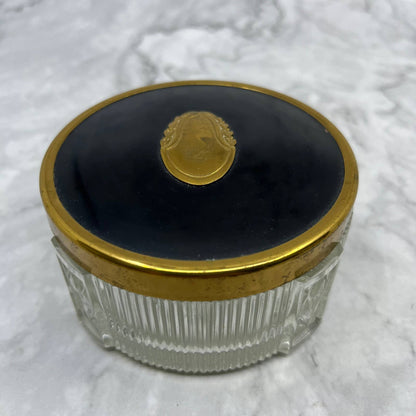 Vintage Art Deco Vanity Jar w/ Brass Embossed Lid w/ Patina 3.5" TA1