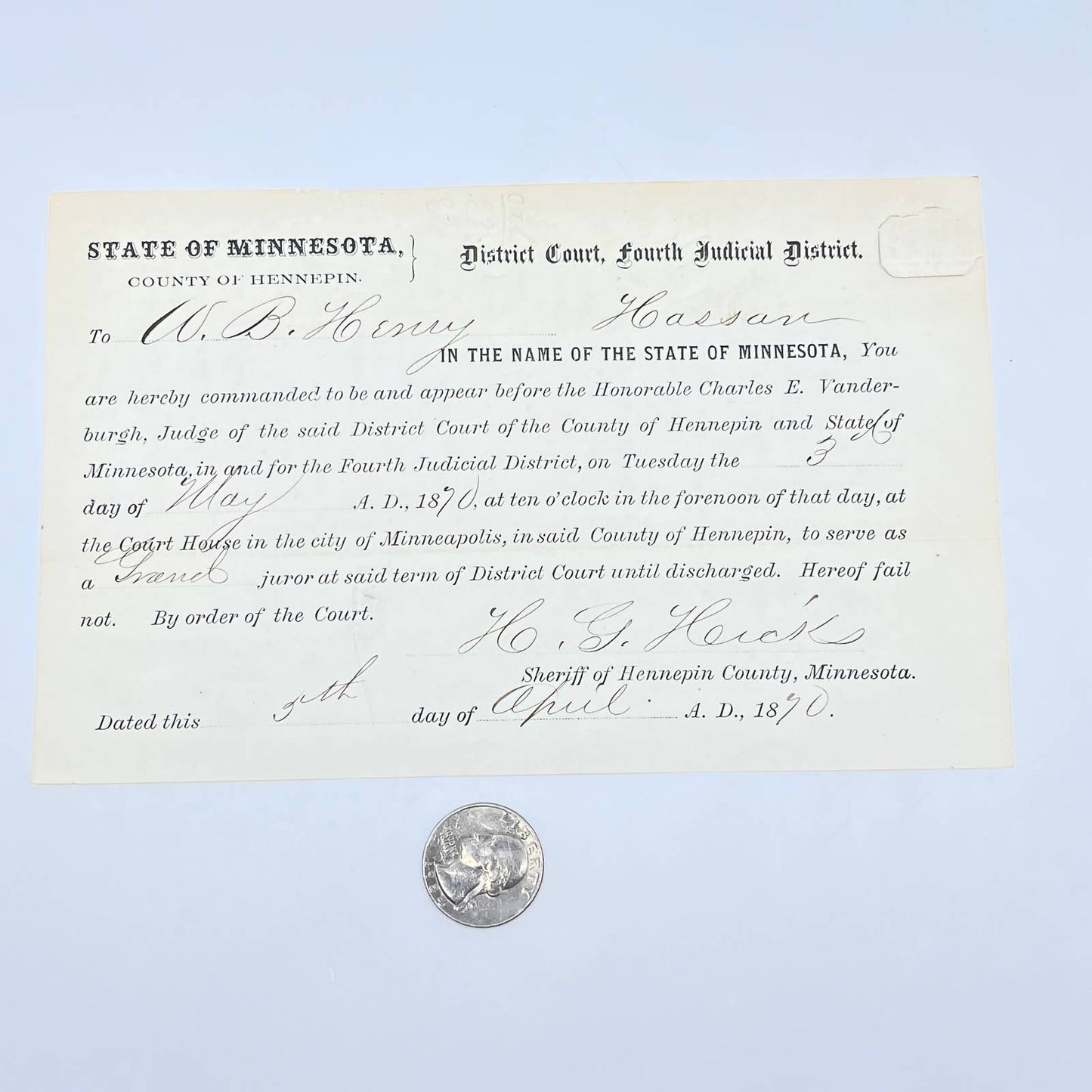 1890 Minnesota Jury Duty Notice Hennepin County 4th Judicial District AB7