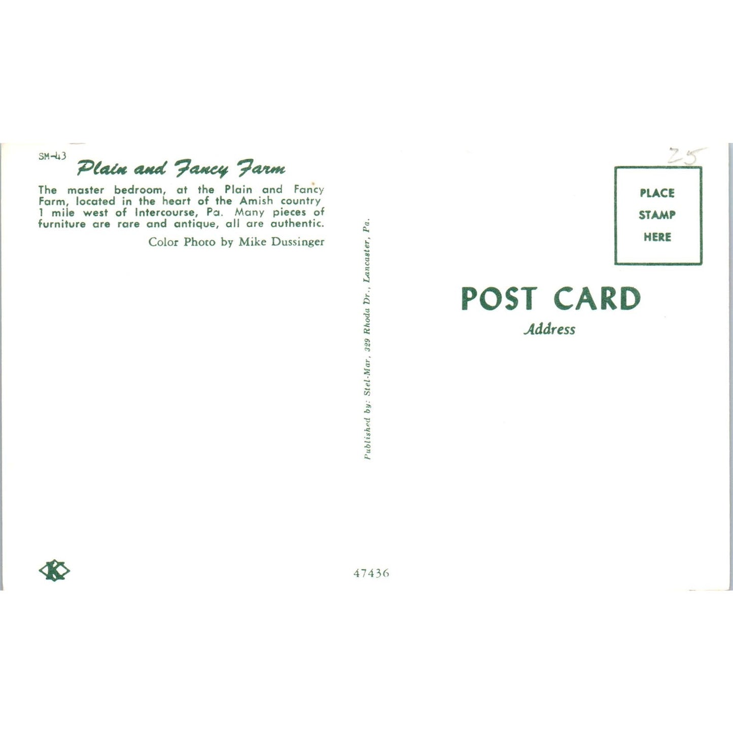 Plain and Fancy Farm Master Bedroom Doll House Original Postcard PB8