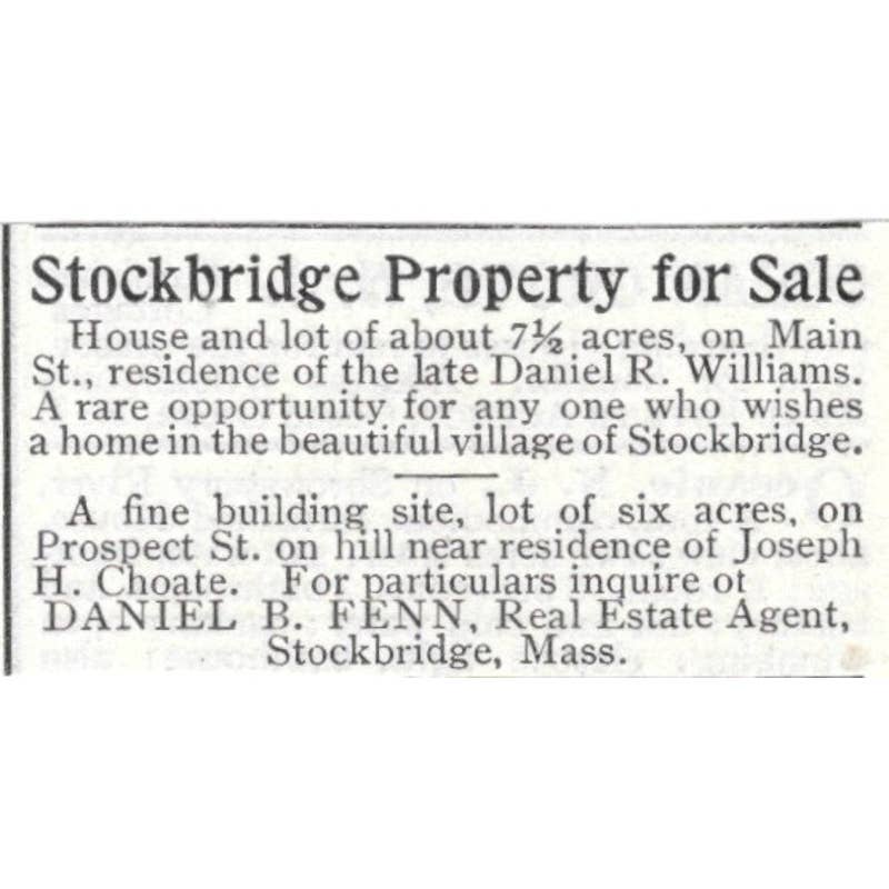 Stockbridge Property for Sale Prospect St. Daniel B. Fenn - 1903 Ad TJ8-7-6
