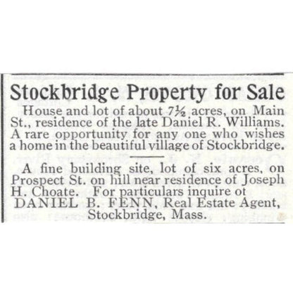 Stockbridge Property for Sale Prospect St. Daniel B. Fenn - 1903 Ad TJ8-7-6
