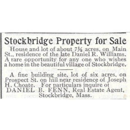 Stockbridge Property for Sale Prospect St. Daniel B. Fenn - 1903 Ad TJ8-7-6