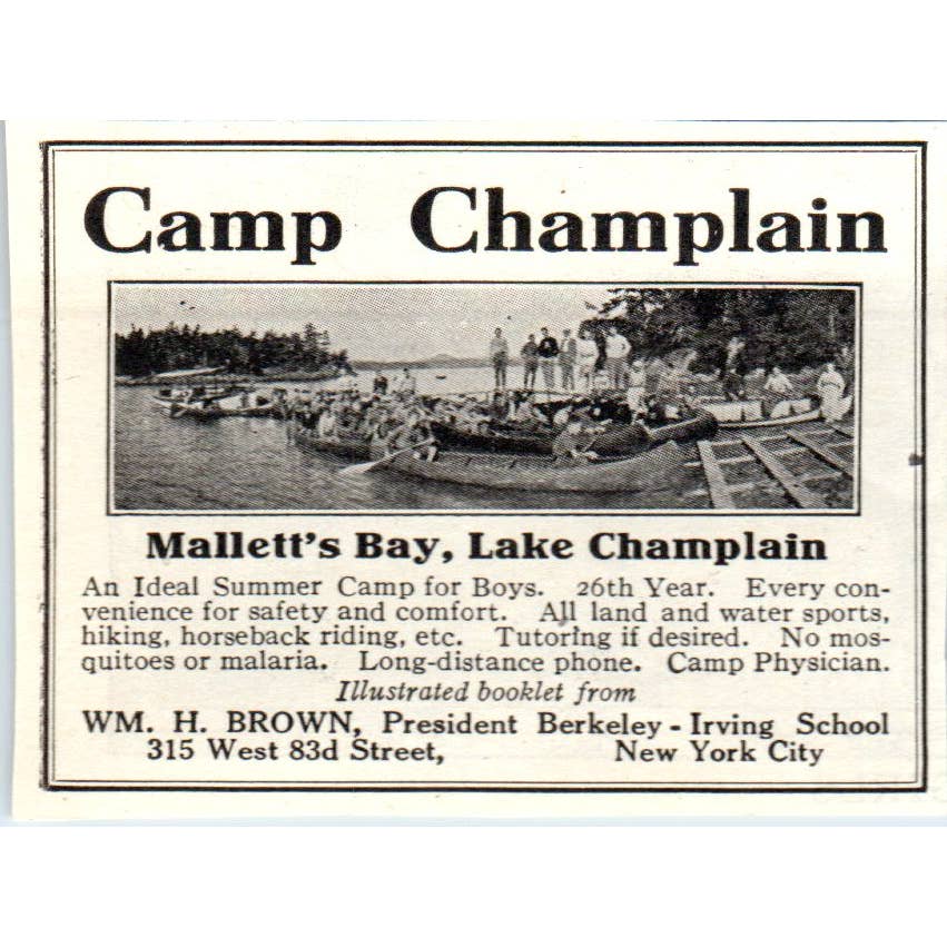 c1920 Harper's Magazine Ad - Camp Champlain Mallett's Bay Wm. H. Brown EA3