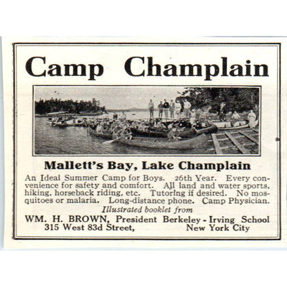 c1920 Harper's Magazine Ad - Camp Champlain Mallett's Bay Wm. H. Brown EA3