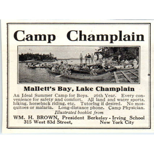 c1920 Harper's Magazine Ad - Camp Champlain Mallett's Bay Wm. H. Brown EA3