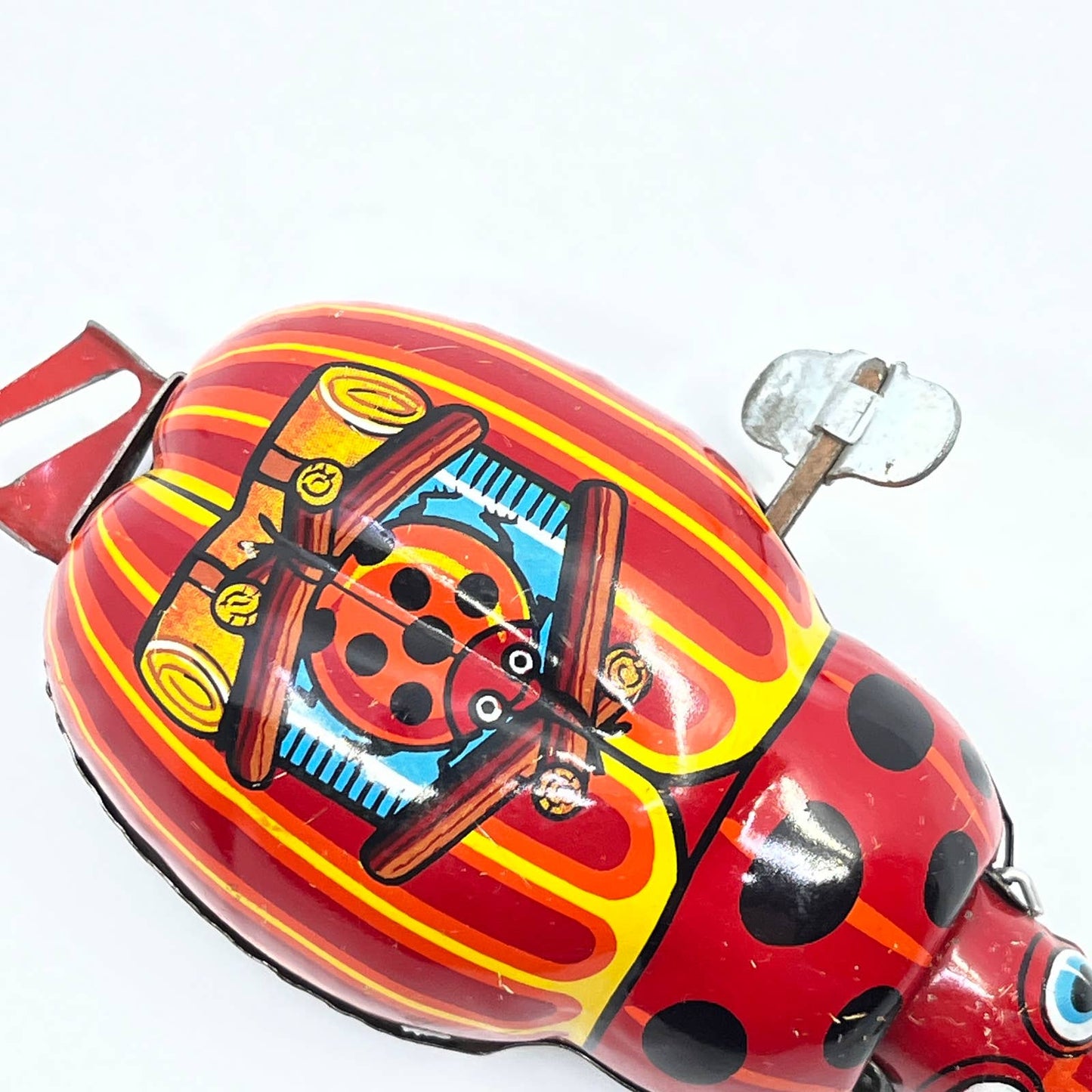 Vintage Tin Litho Wind Up Moving Ladybug Toy Japan w/ Key 5" TC8