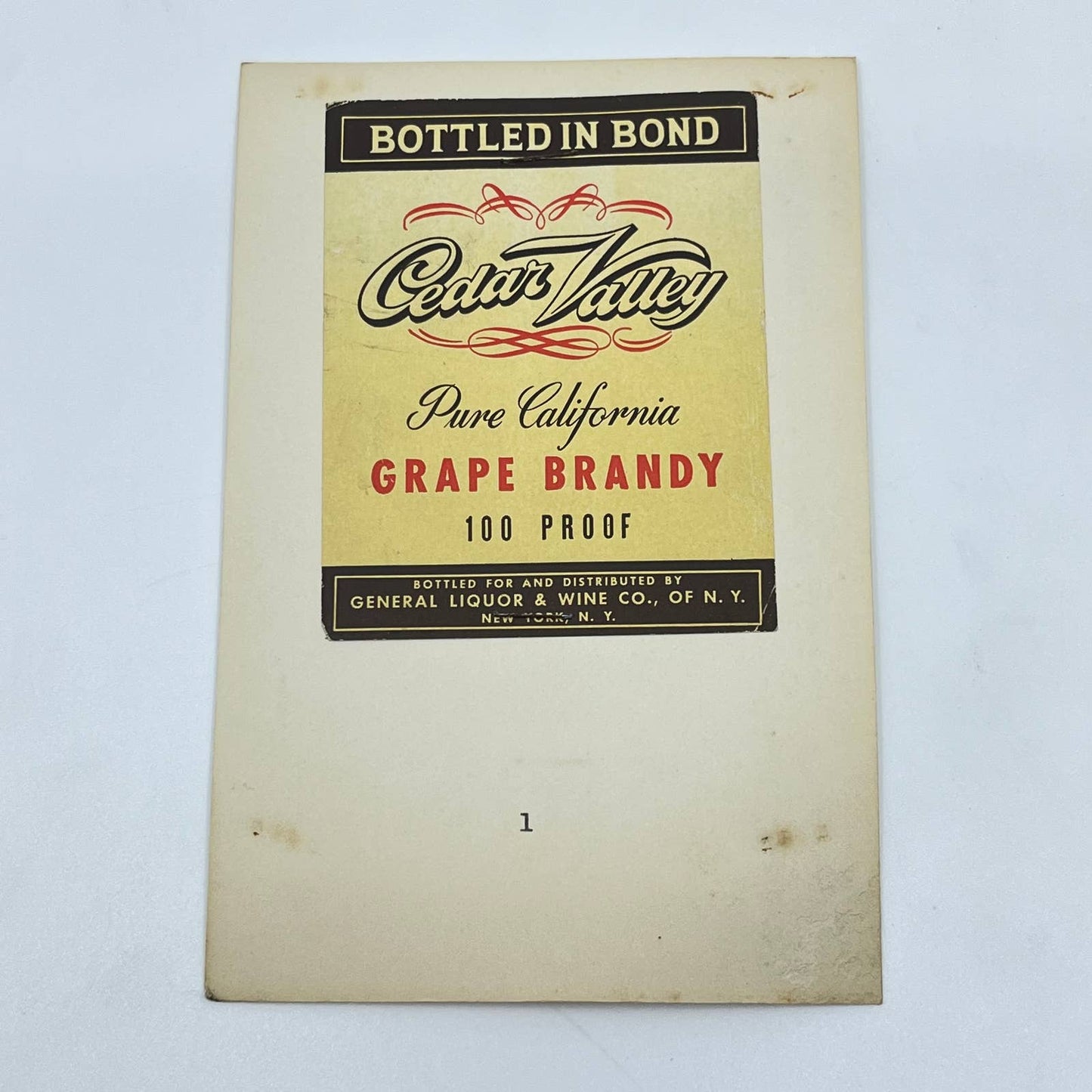 Cedar Valley California Grape Brandy Label General Liquor & Wine Co. New York NY