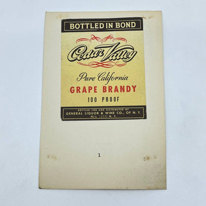 Cedar Valley California Grape Brandy Label General Liquor & Wine Co. New York NY