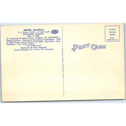 Motel Stratford Richmond Virginia Wm. Kornberg - Original Postcard TJ7-RP3