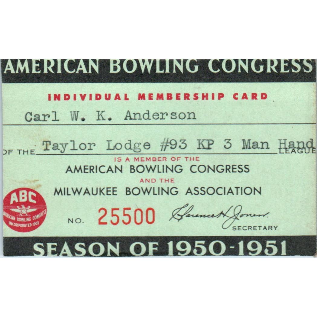 1950 American Bowling Congress Milwaukee Membership Card Taylor Lodge 93 SE5-32