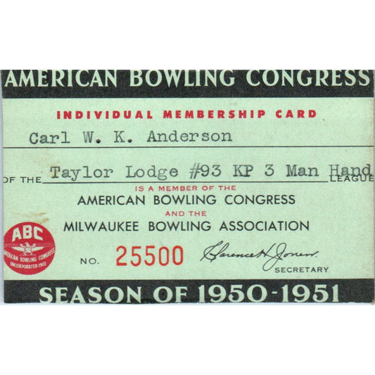 1950 American Bowling Congress Milwaukee Membership Card Taylor Lodge 93 SE5-32