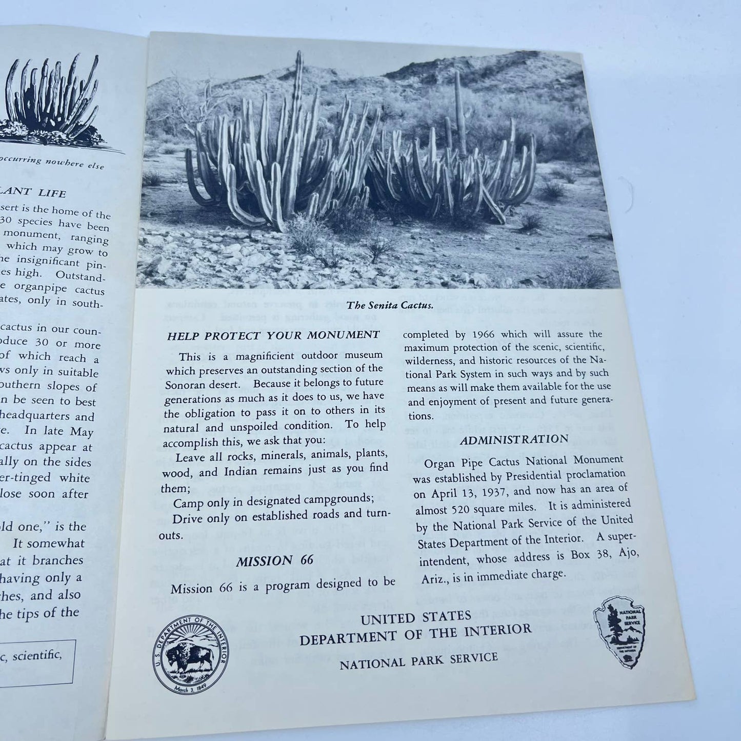 1961 Organ Pipe Cactus Fold Out Brochure National Monument Arizona TE4