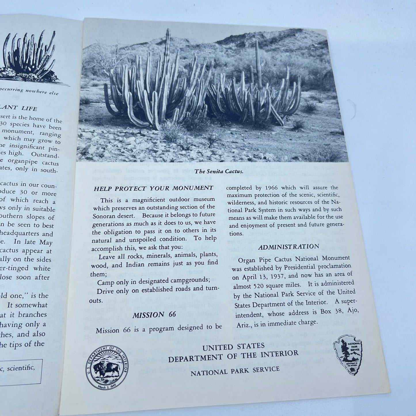 1961 Organ Pipe Cactus Fold Out Brochure National Monument Arizona L4-6