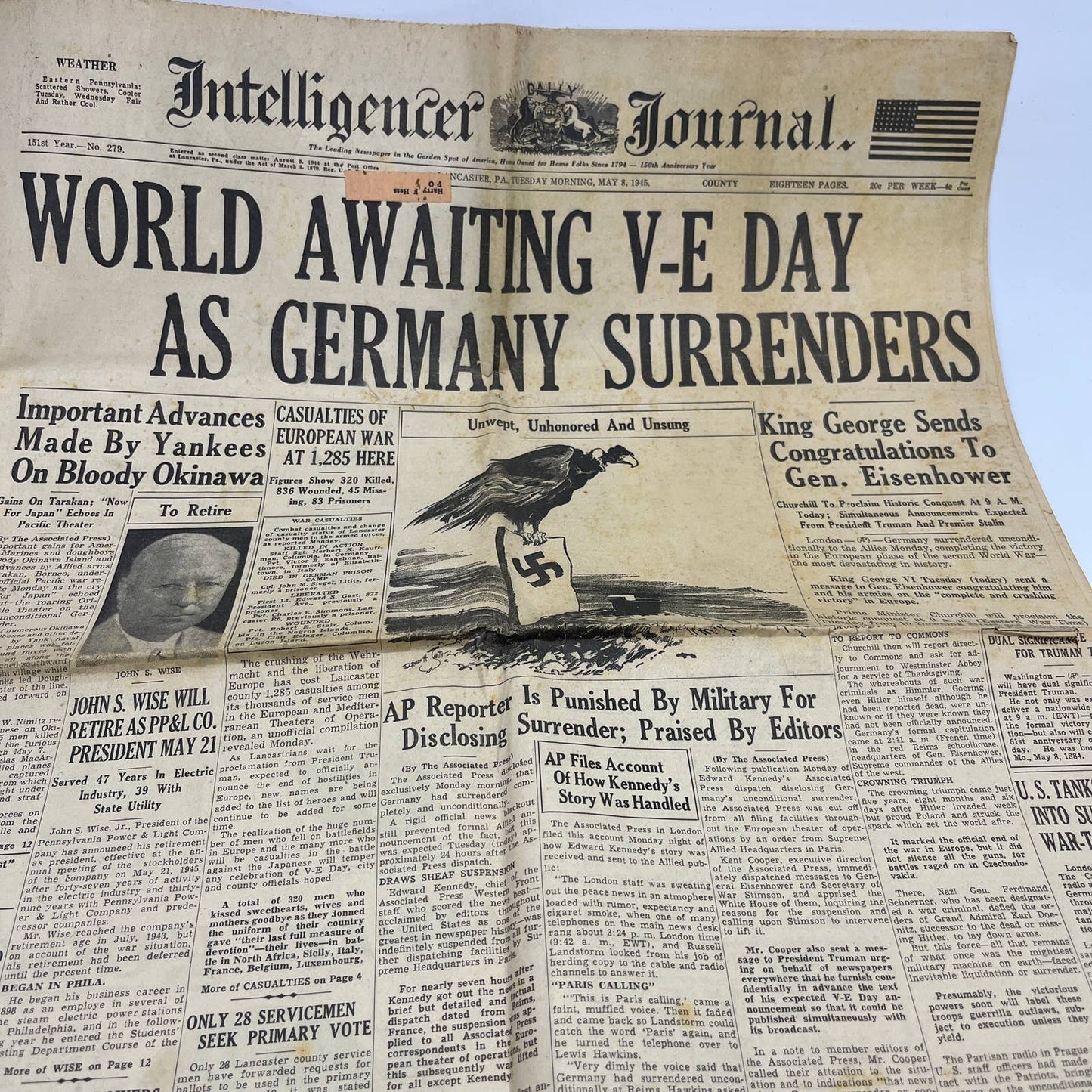 1945 May 8 - Pennsylvania Intelligence Journal - Germany Surrenders WWII FL4