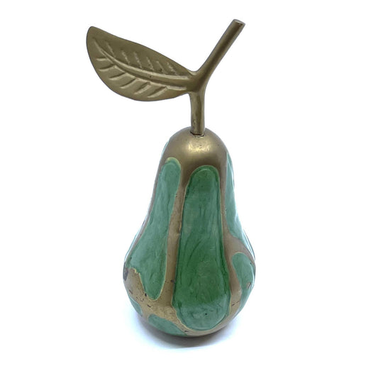 Vintage Brass Pear Figurine Brass W/ Green Enamel Mid Century Figurine 5” TF5