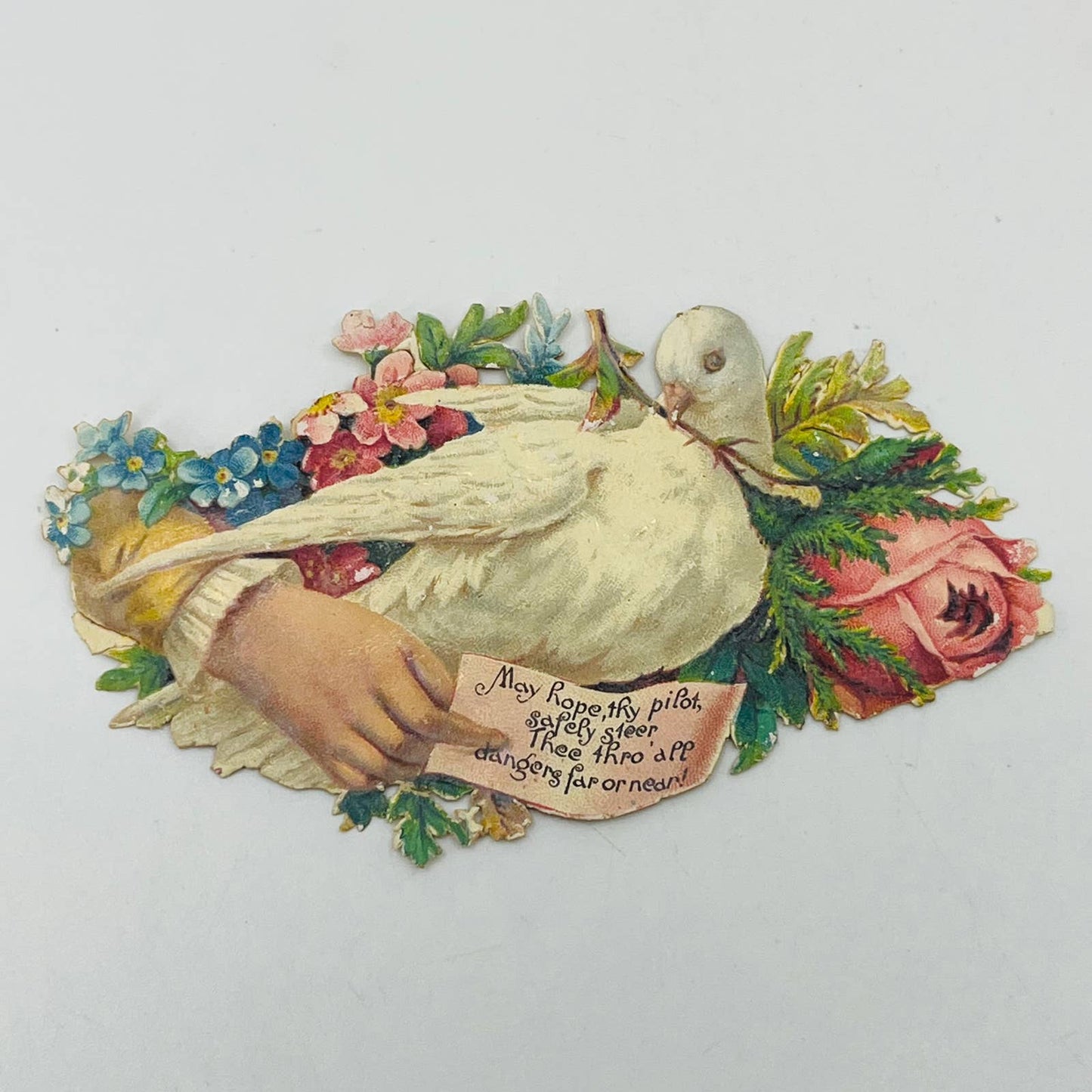 1880s Victorian Die Cut Calling Card Embossed Dove Hand Floral Poem AA2