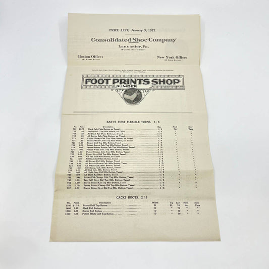 1922 The Footprints Shop Consolidated Shoe Company Price List Lancaster PA AA9