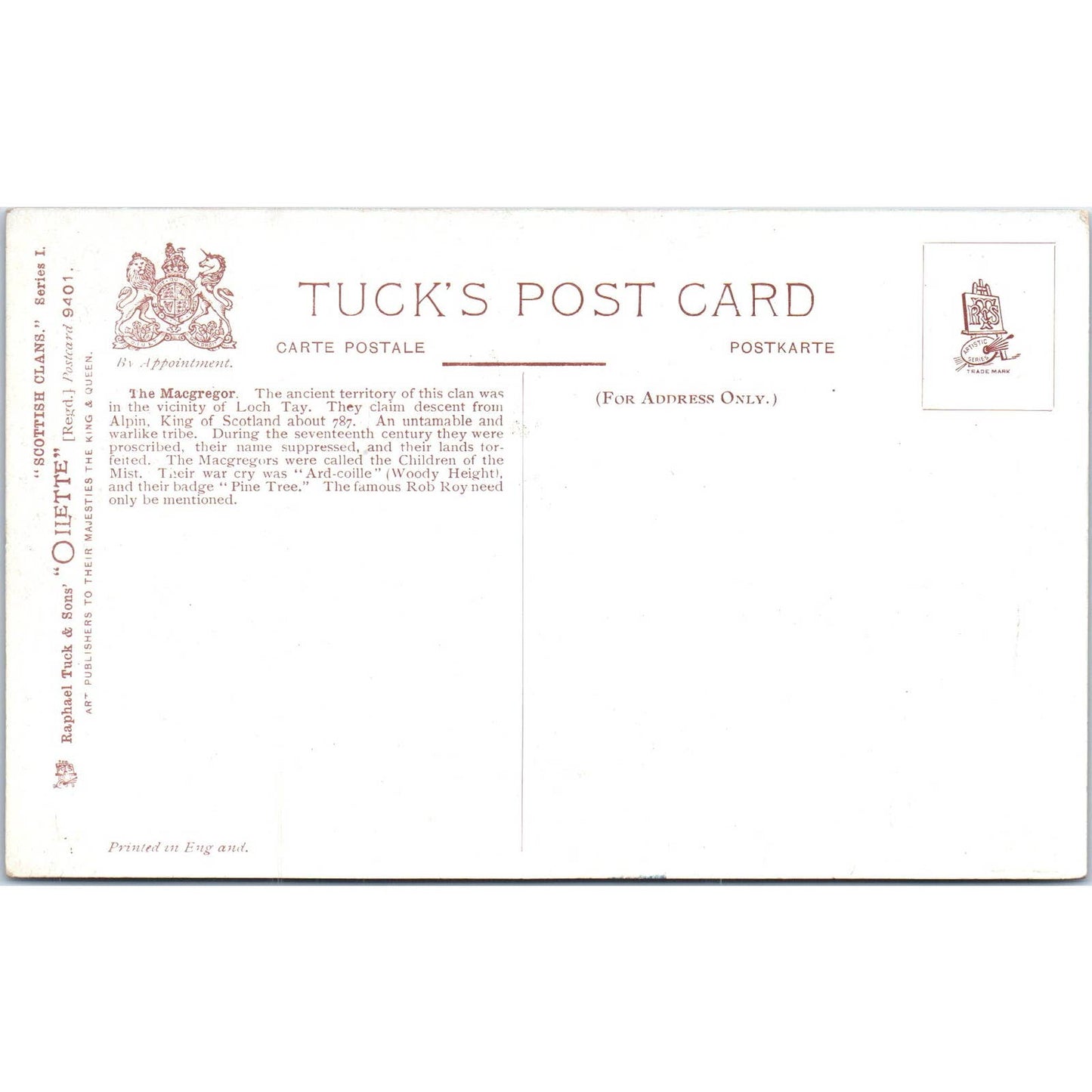 Scottish Clans - The Macgregor Raphael Tuck Oilette Original Postcard TK1-P17