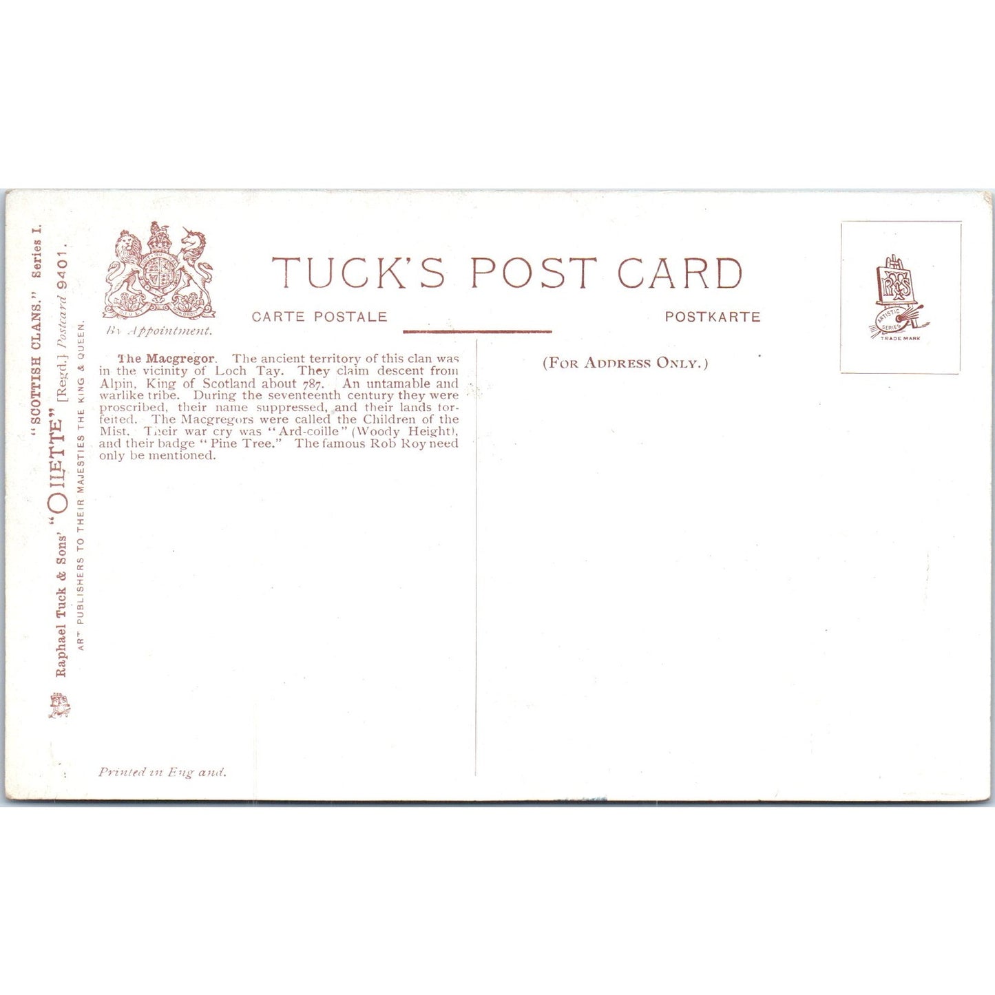 Scottish Clans - The Macgregor Raphael Tuck Oilette Original Postcard P3-2