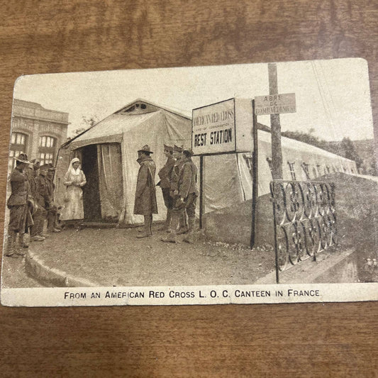 Antique 1918 RPPC Postcard WWI Red Cross LOC Canteen in France PA1