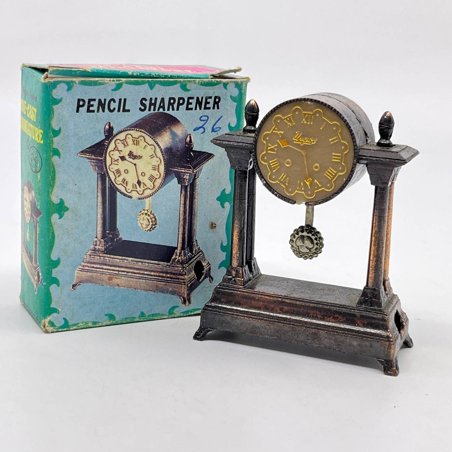 1960s Clock Die Cast Pencil Sharpener w Box Dollhouse Miniature TF6