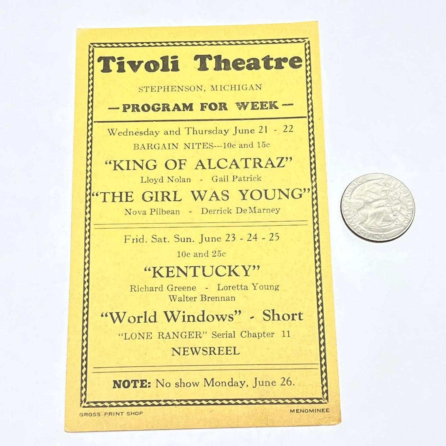 1939 Tivoli Theatre Stephenson MI Program Card King of Alcatraz Lone Ranger AC2