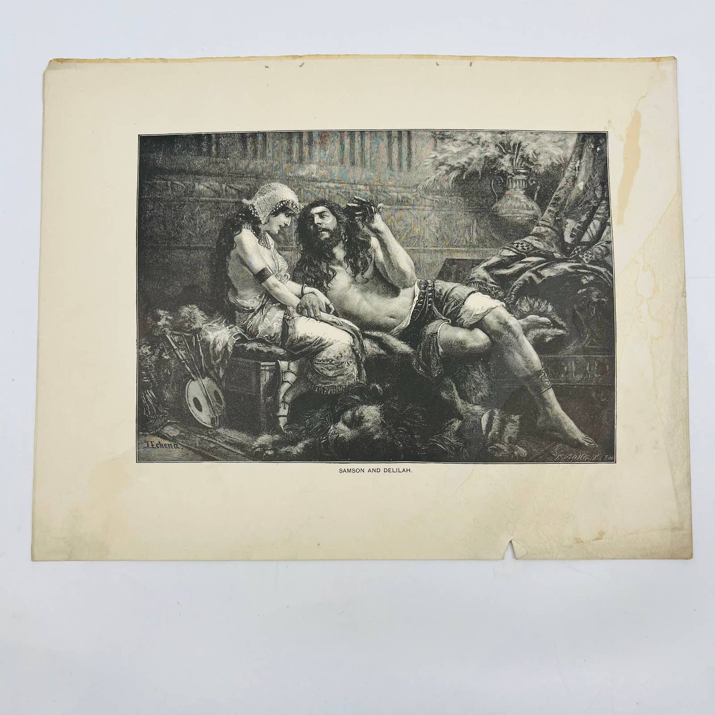 1880s Victorian Art Print Engraving SAMSON AND DELILAH J. Echena