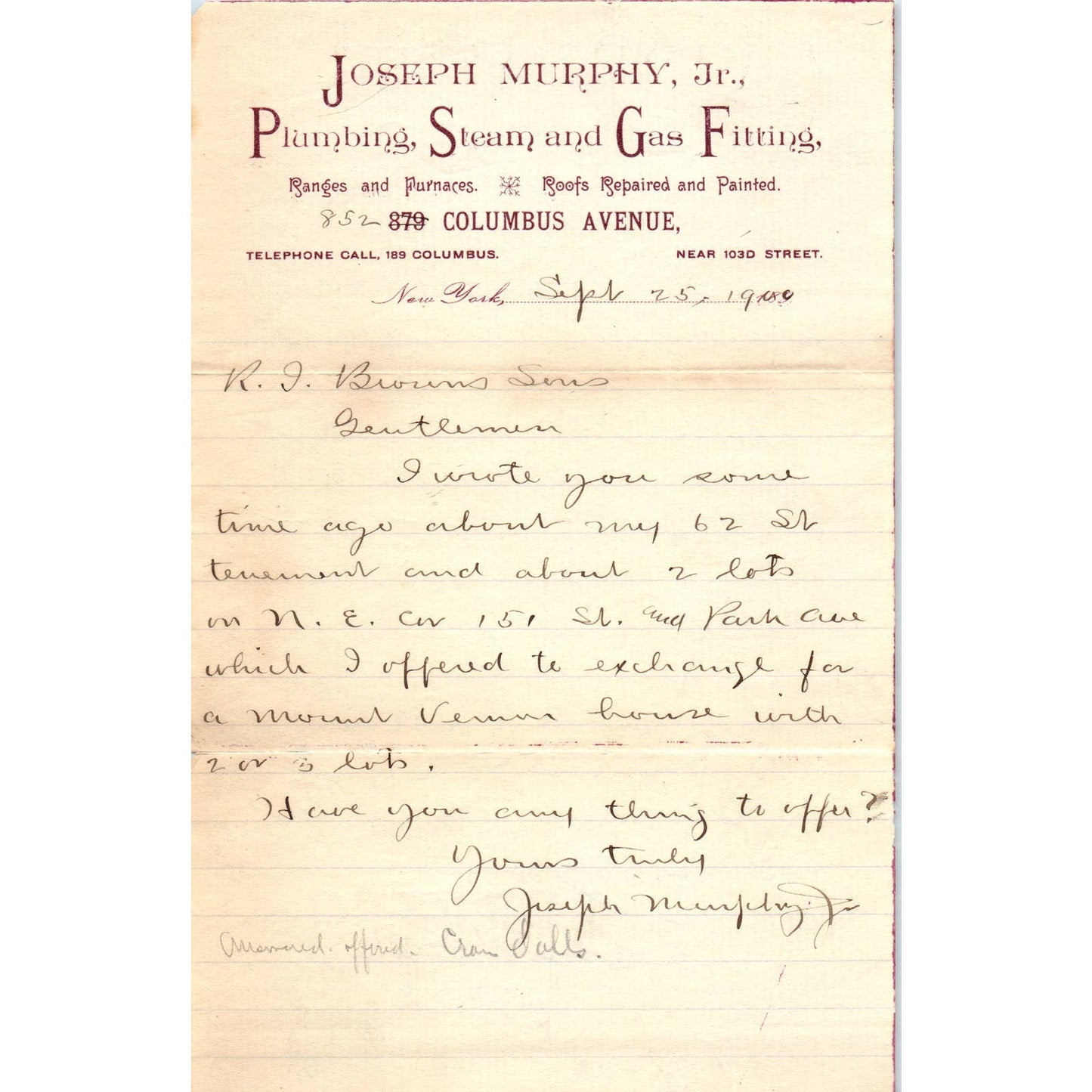 1923 Joseph Murphy Jr Plumbing Steam Gas Fittings Columbus Ave NY Letterhead SE5