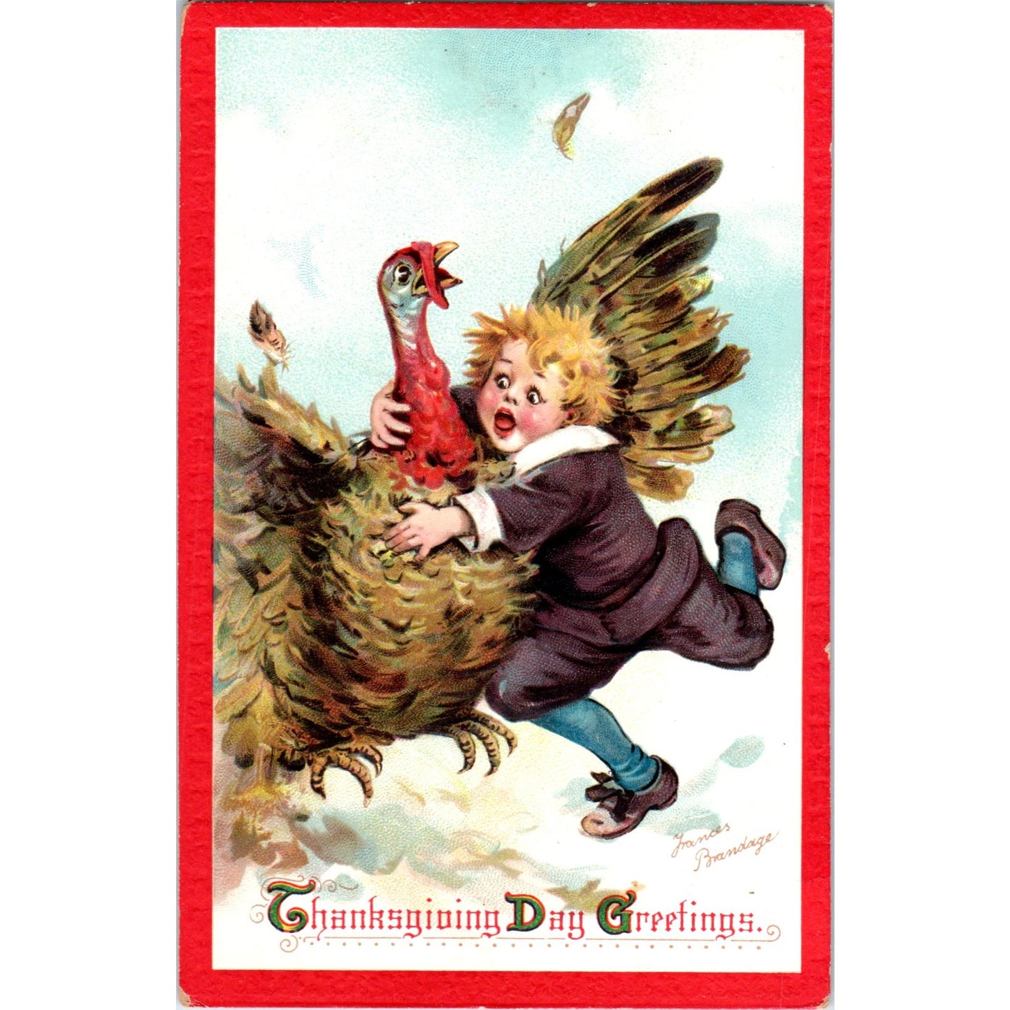 Thanksgiving Boy & Turkey Frances Brundage 1911 Original Postcard P1-14