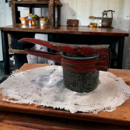 Vintage Kitchen - Red Enamel Potato Rice Ricer Masher - 1950's TC9