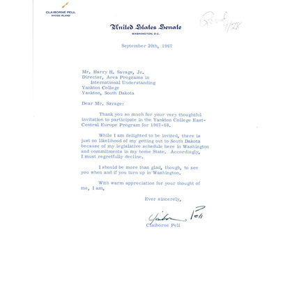 Claiborne Pell Signed Letter on United States Senate Stationery Sep 1967 TK1-P6