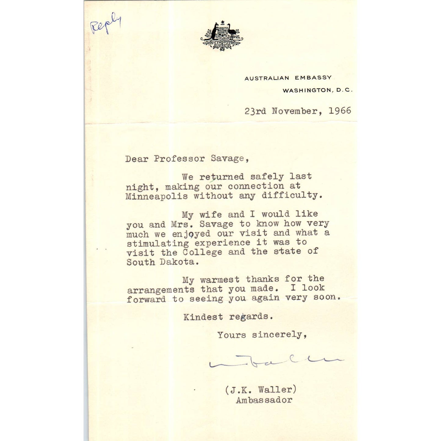 Australian Embassy Letterhead Memo J.K. Waller Nov 1967 TK1-P8