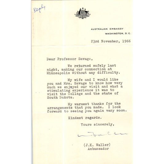 Australian Embassy Letterhead Memo J.K. Waller Nov 1967 TK1-P8