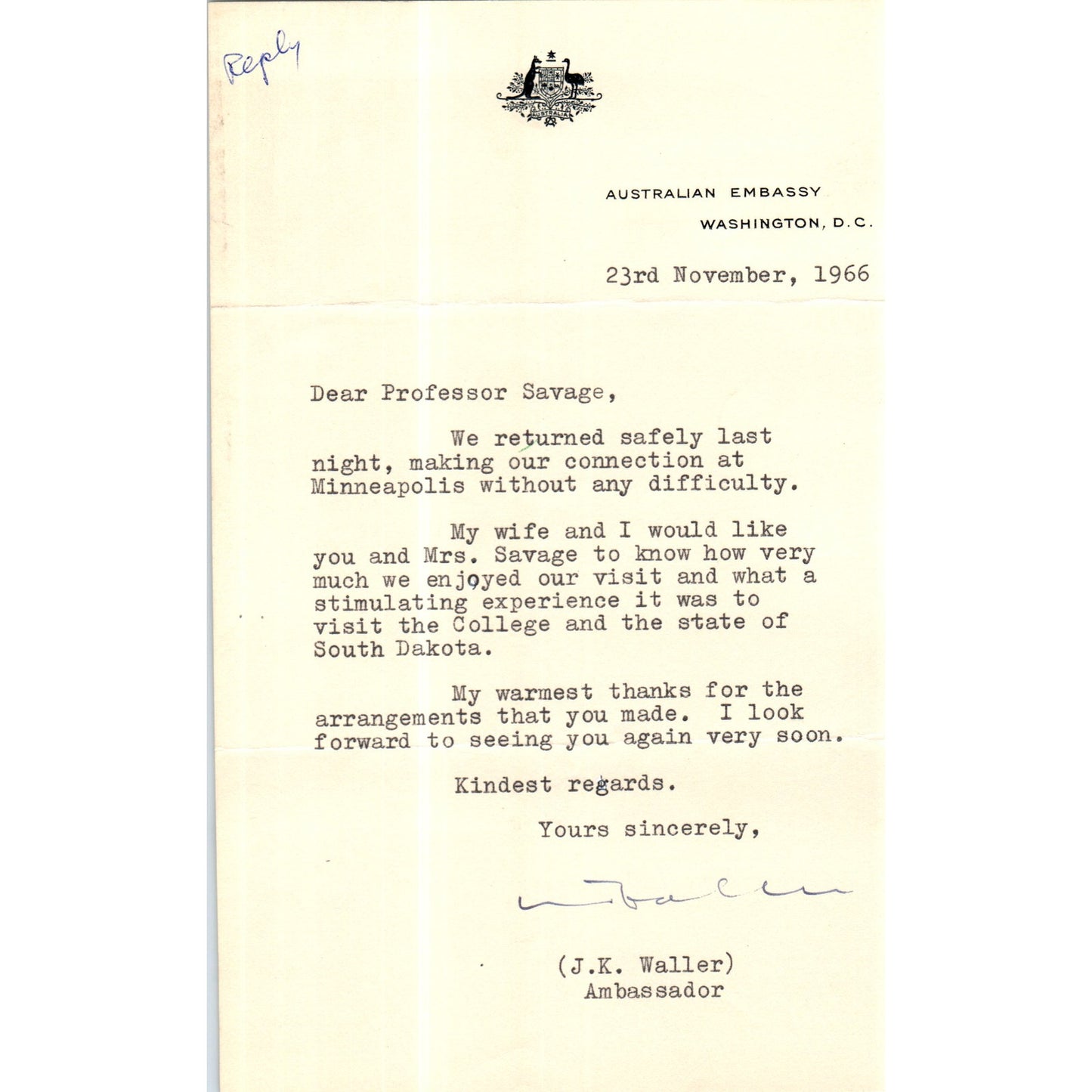 Australian Embassy Letterhead Memo J.K. Waller Nov 1967 B13