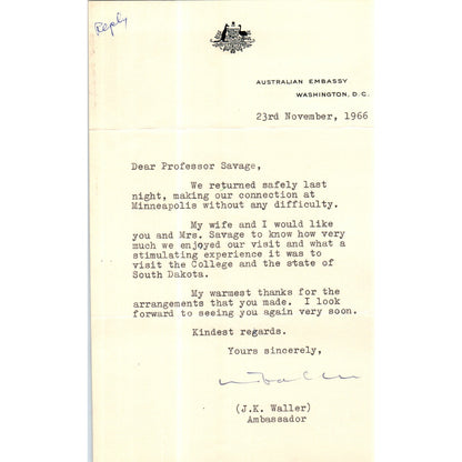 Australian Embassy Letterhead Memo J.K. Waller Nov 1967 B13